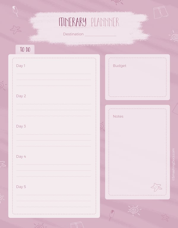 Free Rose Pink Beach Itinerary Planner Template