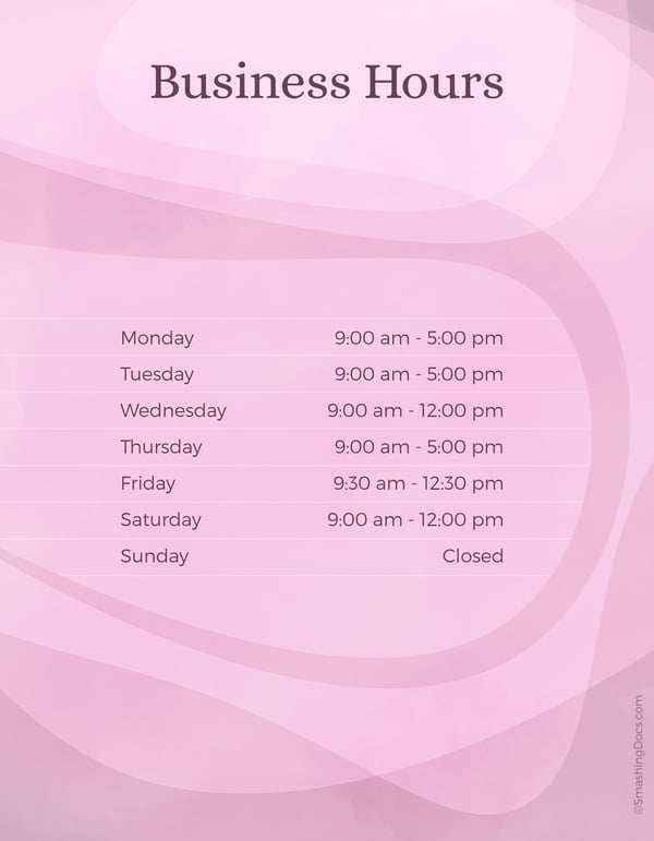 Free Lavender Swirl Business Hours Template