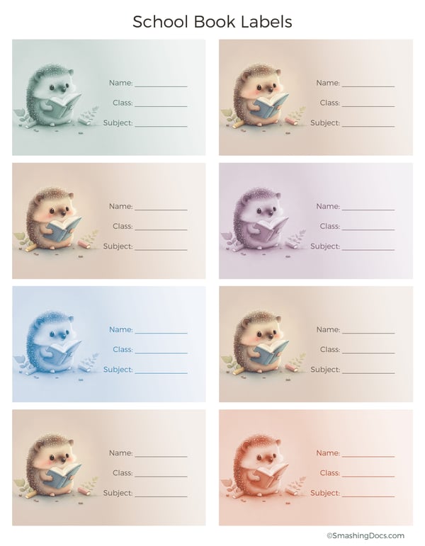 free printable cute hedgehog school labels