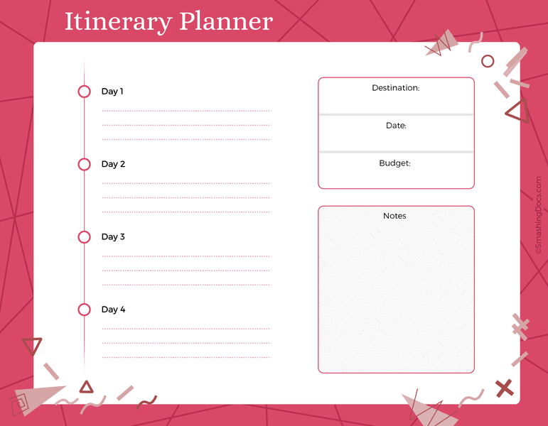 Itinerary Planner Template Paradise Pink