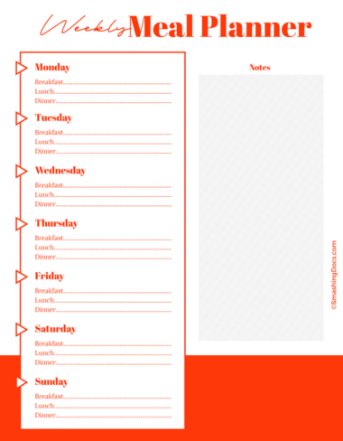 Printable Electric Orange Weekly Meal Planner