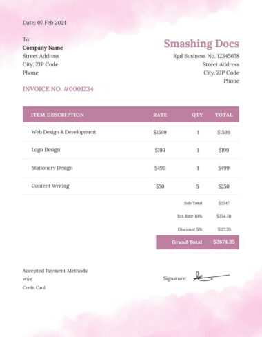 Free Pink Watercolor Invoice Template