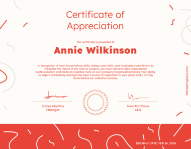 Free Red Swirl Certificate Of Appreciation Template