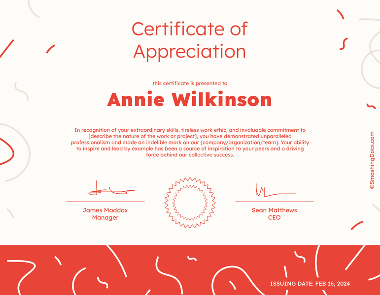 Free Red Swirl Certificate Of Appreciation Template
