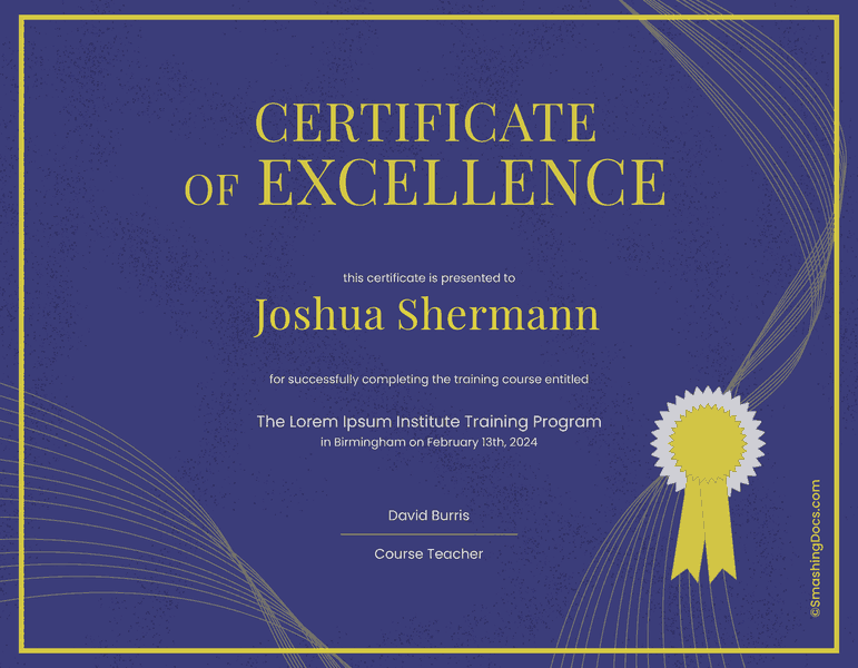 Free Royal Blue Excellence Certificate