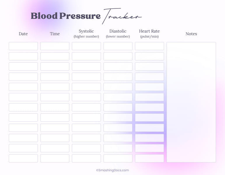 Printable Lavender Blood Pressure Tracker